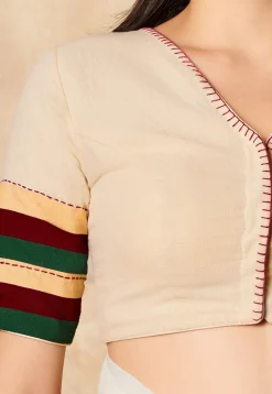 Contrast Trim Cotton Blouse in Cream