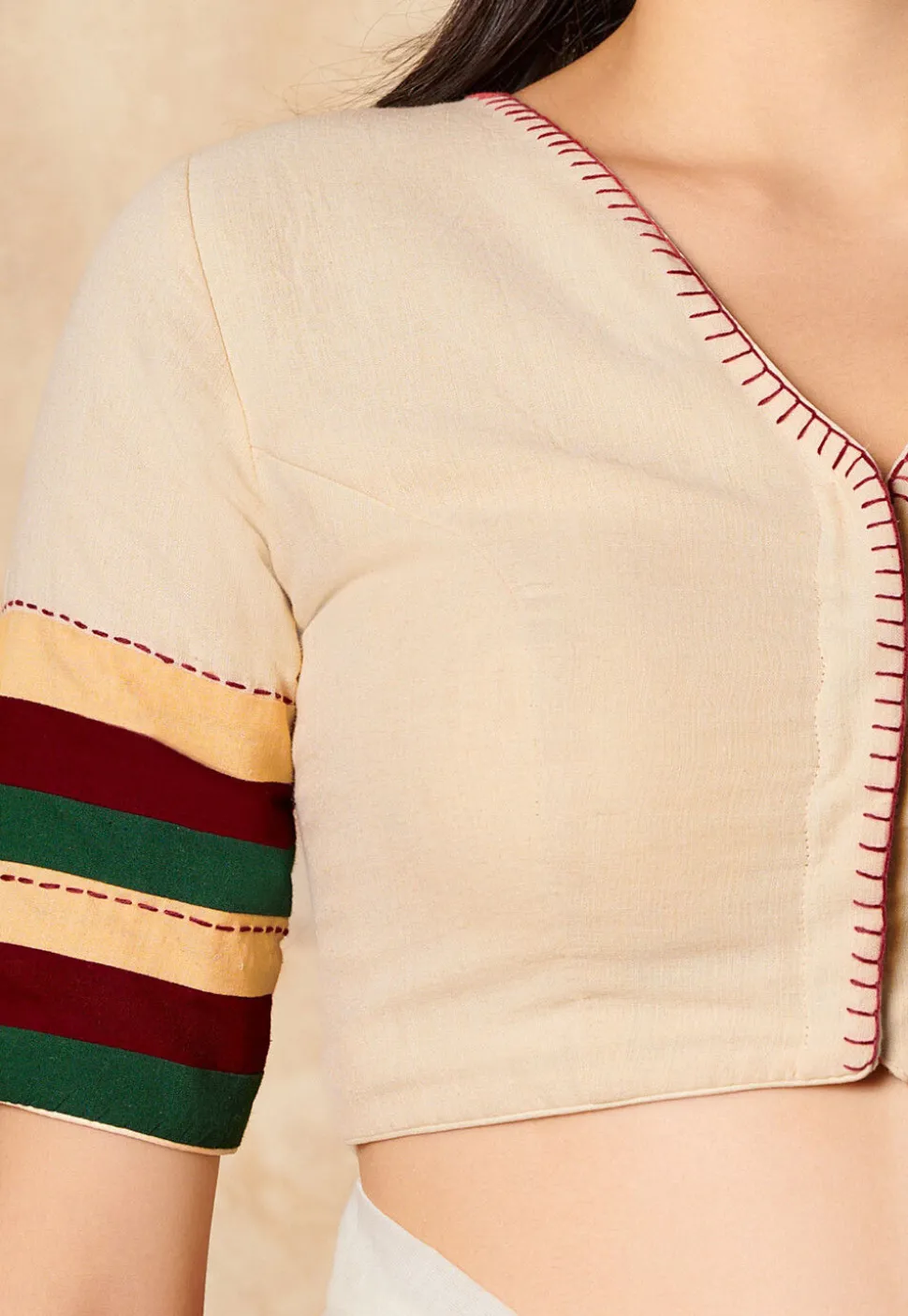 Contrast Trim Cotton Blouse in Cream
