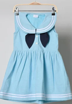 Contrast Trim Cotton Dress in Pastel Blue