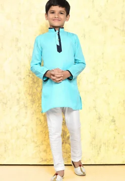 Contrast Trim Cotton Jacquard Kurta Set in Sky Blue