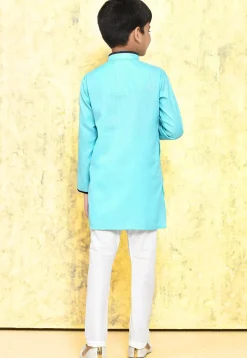 Contrast Trim Cotton Jacquard Kurta Set in Sky Blue