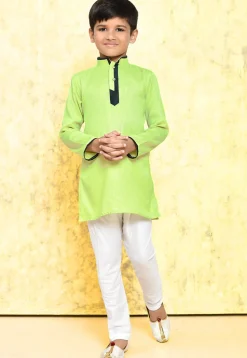 Contrast Trim Cotton Jacquard Kurta Set in Light Green