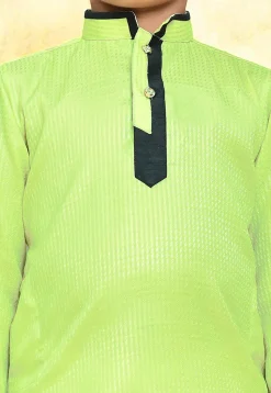 Contrast Trim Cotton Jacquard Kurta Set in Light Green