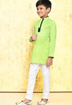 Contrast Trim Cotton Jacquard Kurta Set in Light Green