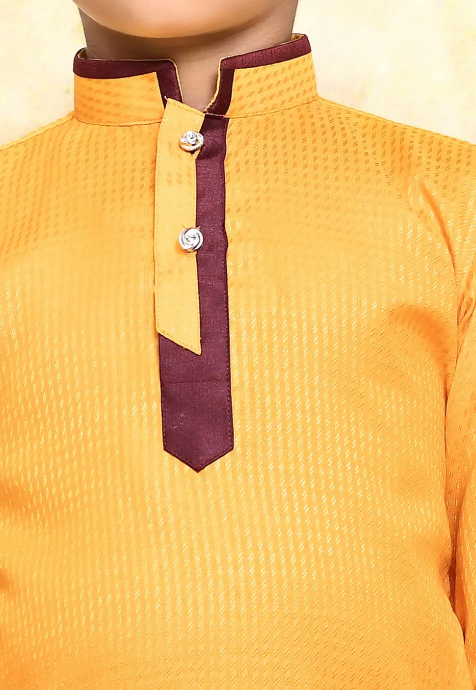 Contrast Trim Cotton Jacquard Kurta Set in Yellow