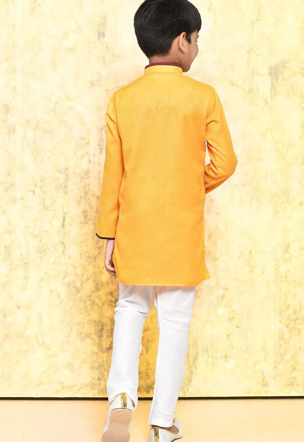 Contrast Trim Cotton Jacquard Kurta Set in Yellow