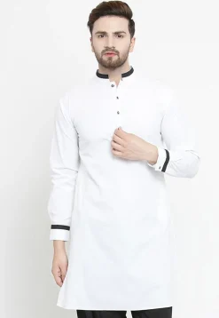 Contrast Trim Cotton Kurta in White