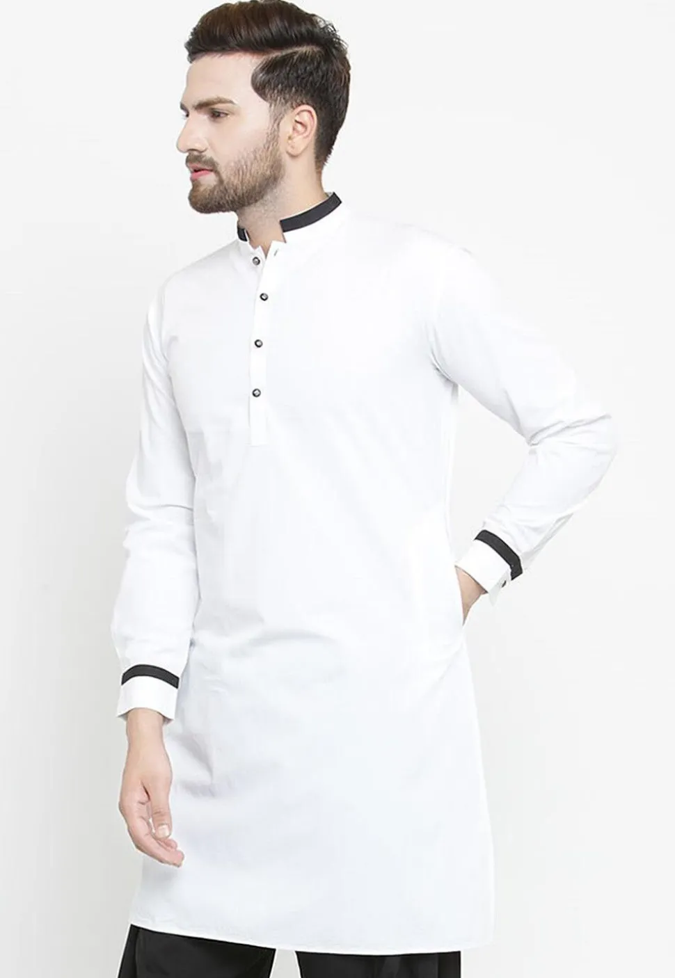 Contrast Trim Cotton Kurta in White