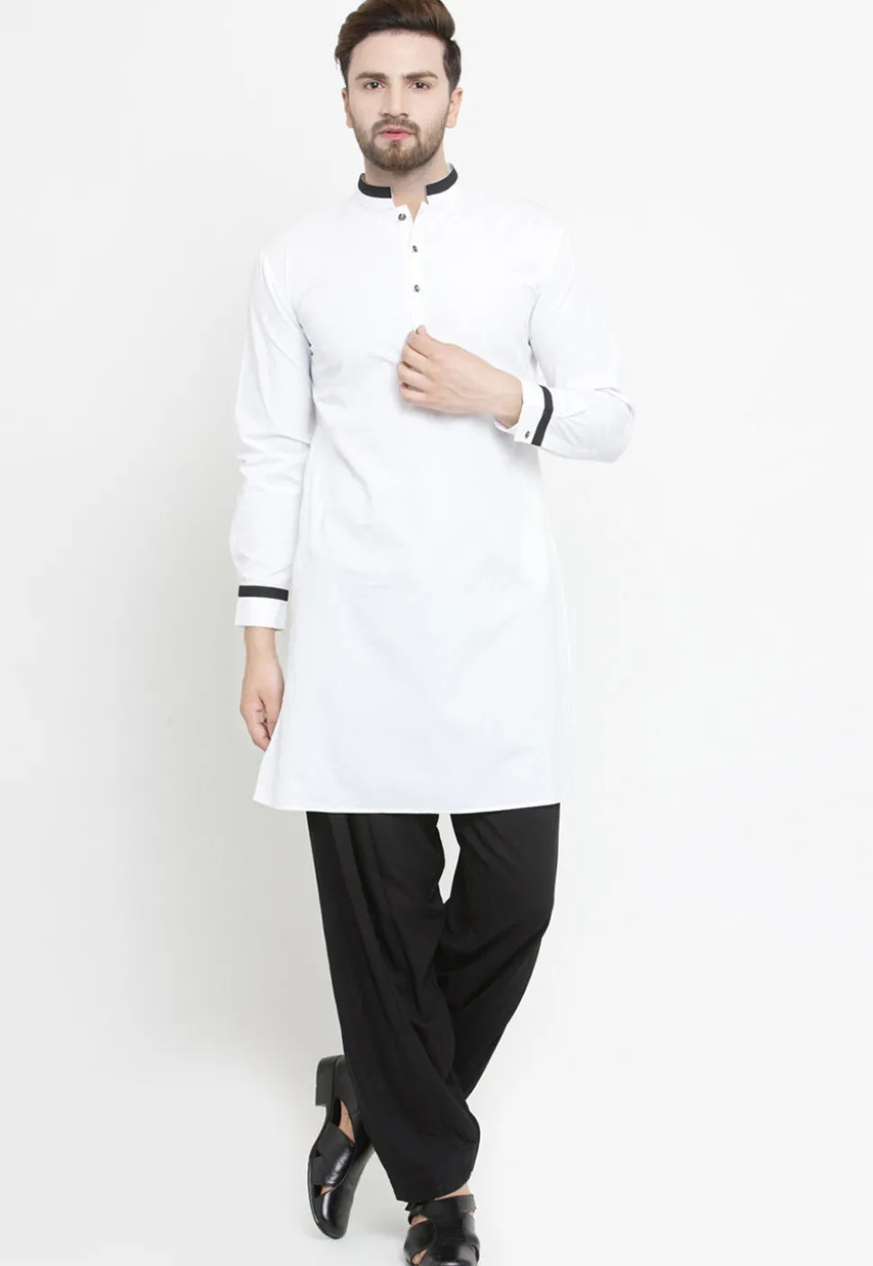 Contrast Trim Cotton Kurta Set in White