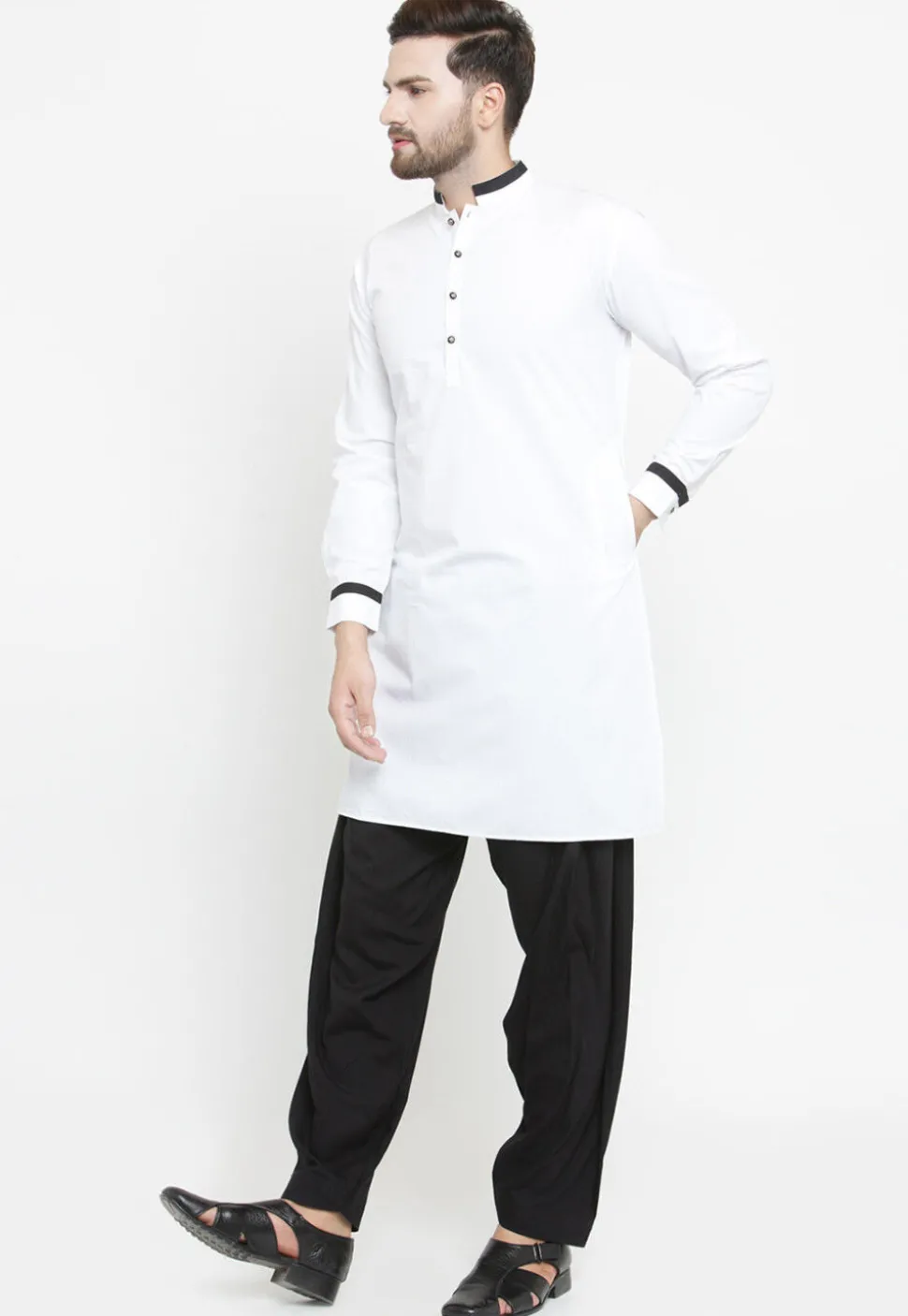 Contrast Trim Cotton Kurta Set in White