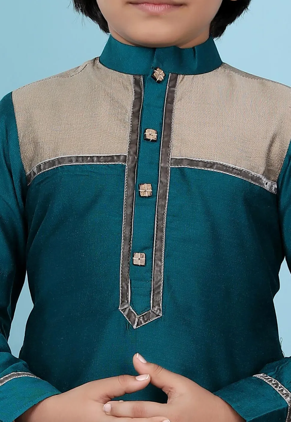 Contrast Trim Cotton Silk Kurta Set in Teal Blue