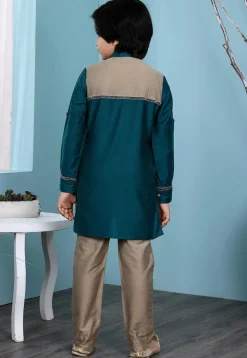 Contrast Trim Cotton Silk Kurta Set in Teal Blue