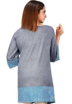 Contrast Trim Cotton Tunic in Dusty Blue