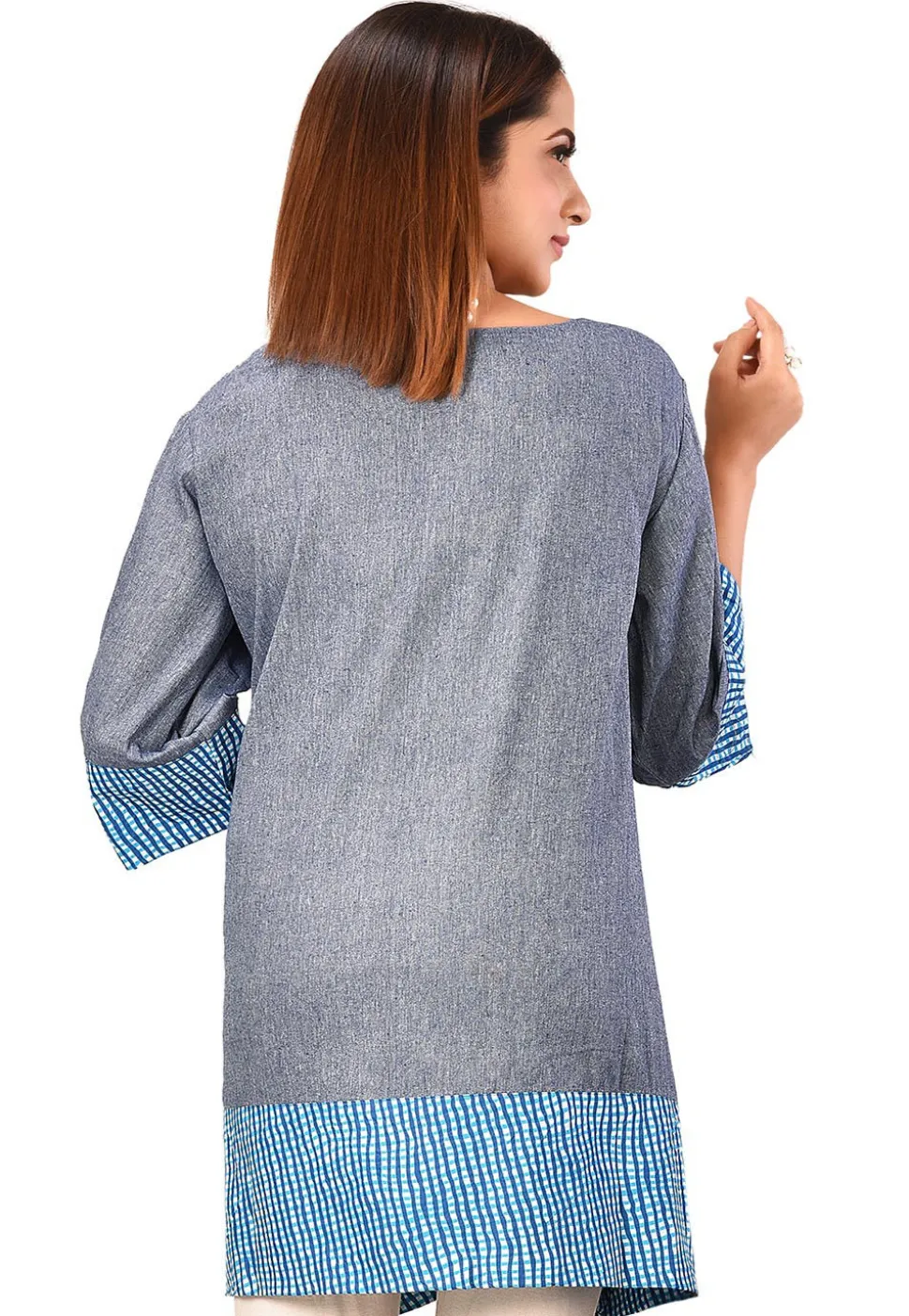 Contrast Trim Cotton Tunic in Dusty Blue