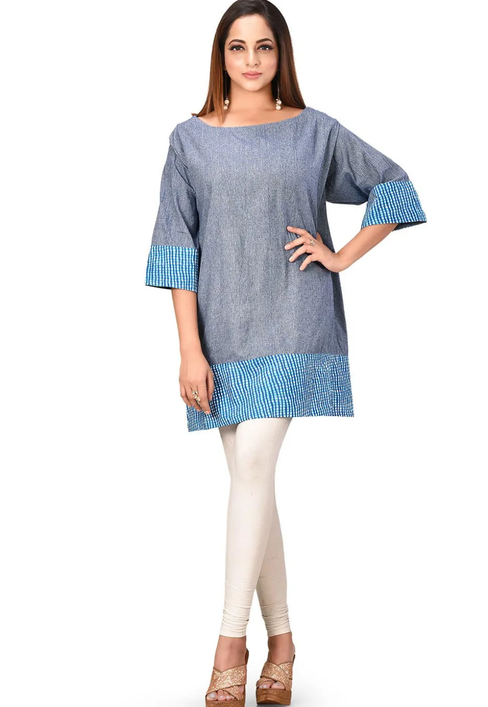 Contrast Trim Cotton Tunic in Dusty Blue