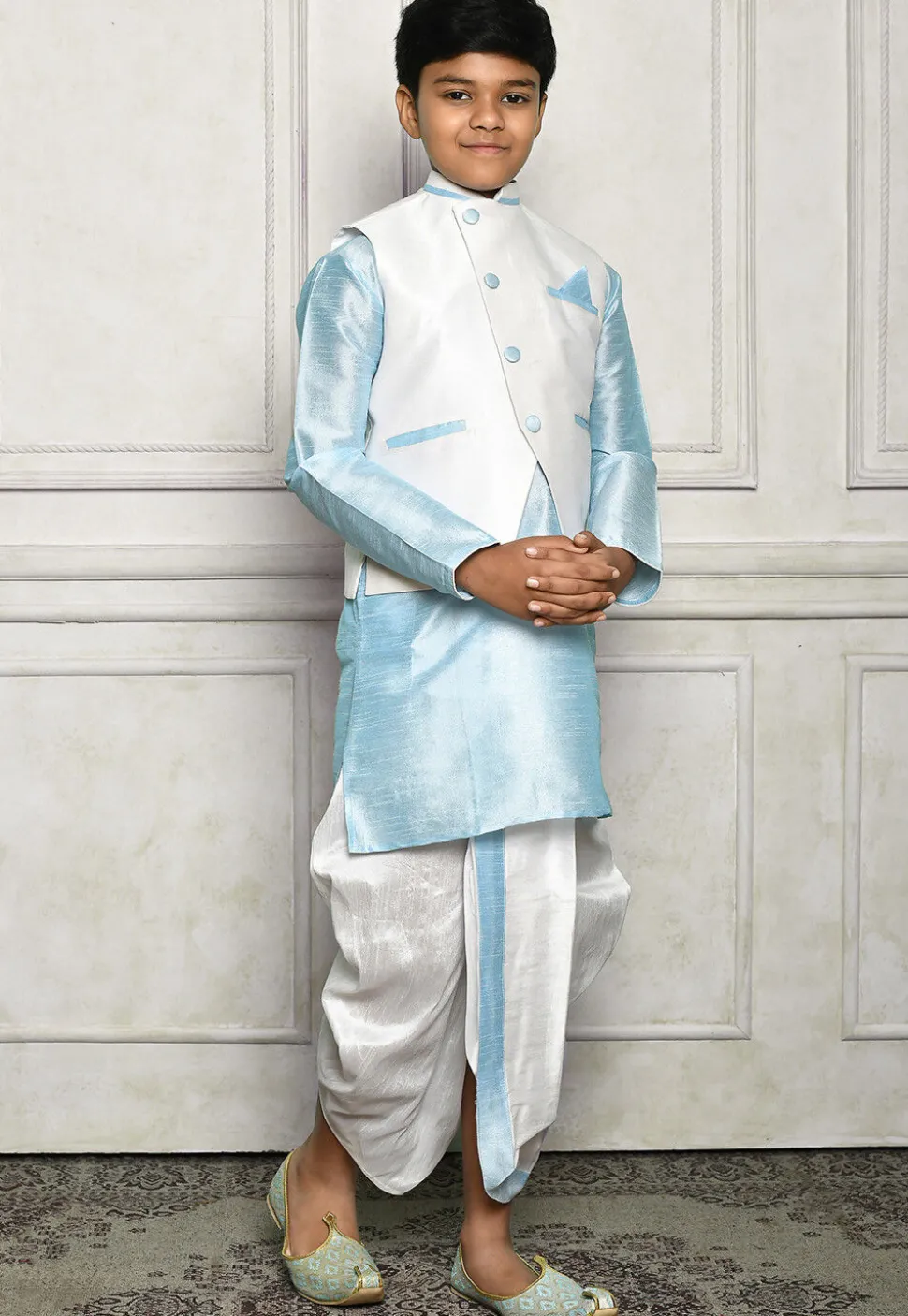 Contrast Trim Dupion Dhoti Kurta Jacket in Blue and Off White
