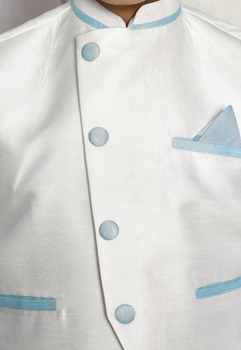 Contrast Trim Dupion Dhoti Kurta Jacket in Blue and Off White