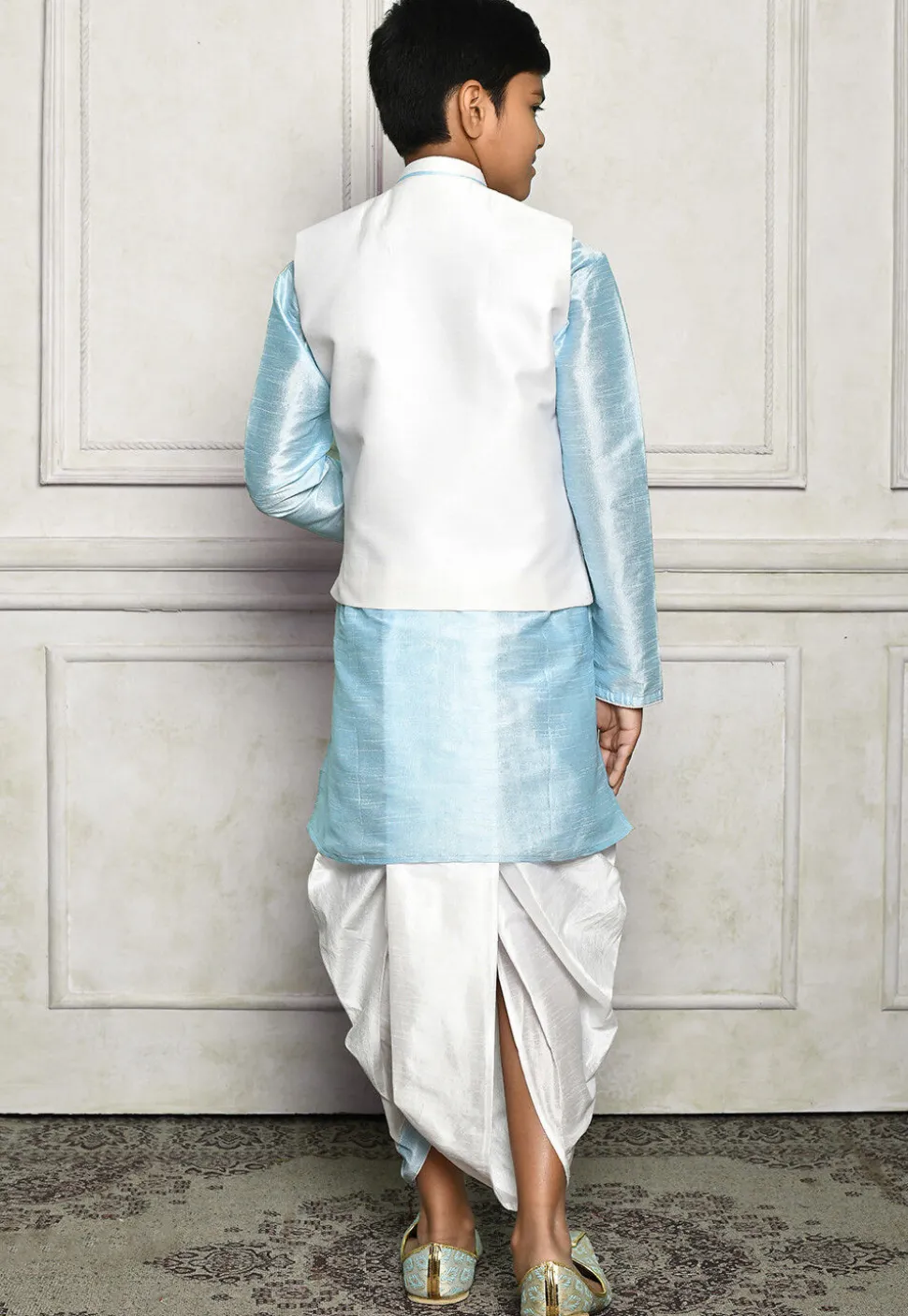 Contrast Trim Dupion Dhoti Kurta Jacket in Blue and Off White
