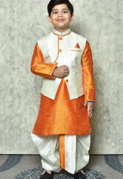 Contrast Trim Dupion Dhoti Kurta Jacket in Orange and White