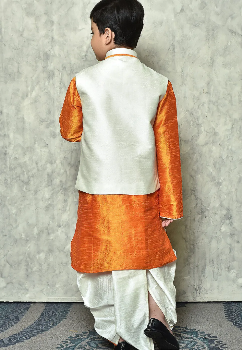 Contrast Trim Dupion Dhoti Kurta Jacket in Orange and White