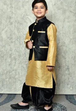Contrast Trim Dupion Dhoti Kurta Jacket Set in Beige and Black
