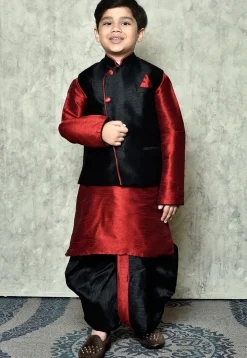 Contrast Trim Dupion Dhoti Kurta Jacket in Maroon and Black
