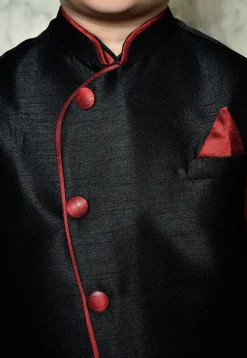 Contrast Trim Dupion Dhoti Kurta Jacket in Maroon and Black