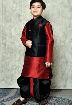 Contrast Trim Dupion Dhoti Kurta Jacket in Maroon and Black