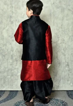 Contrast Trim Dupion Dhoti Kurta Jacket in Maroon and Black