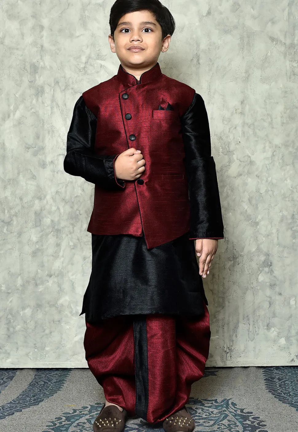 Contrast Trim Dupion Dhoti Kurta Jacket in Black and Maroon