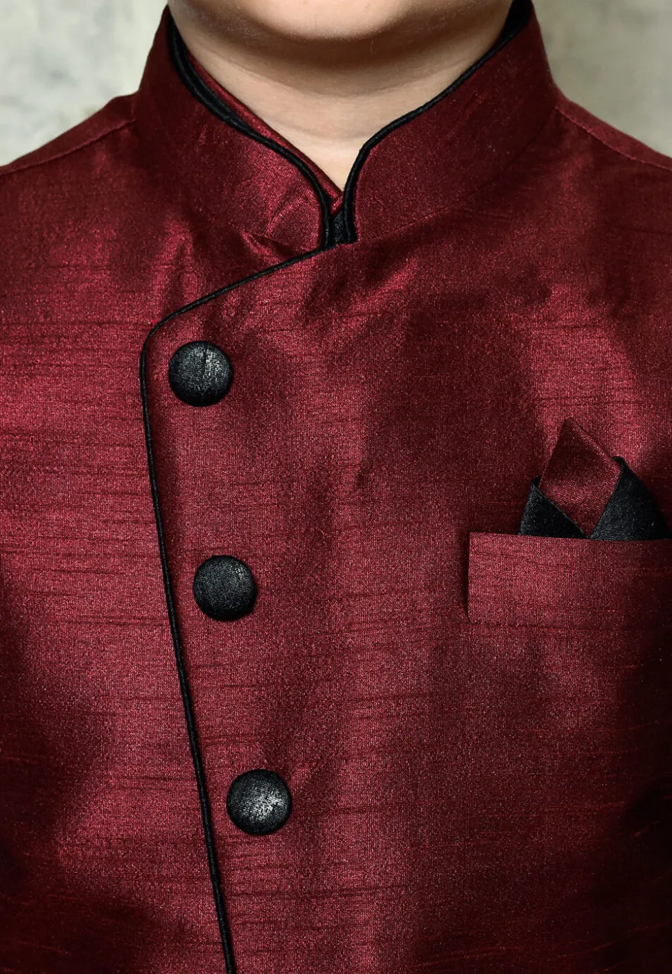 Contrast Trim Dupion Dhoti Kurta Jacket in Black and Maroon