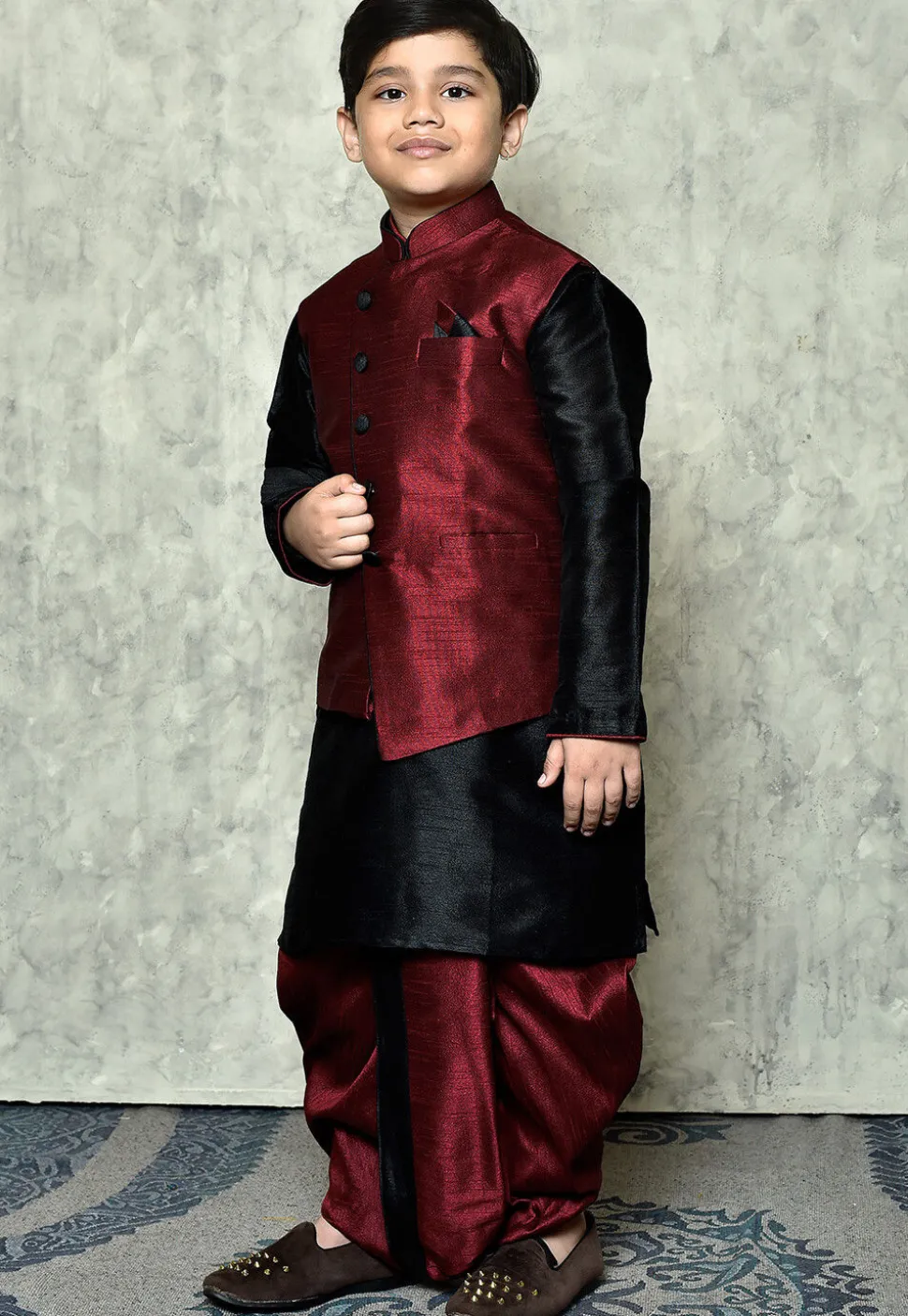 Contrast Trim Dupion Dhoti Kurta Jacket in Black and Maroon