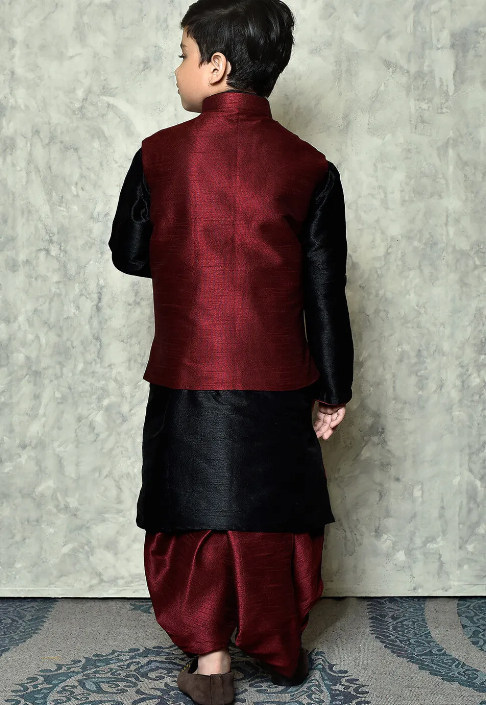 Contrast Trim Dupion Dhoti Kurta Jacket in Black and Maroon