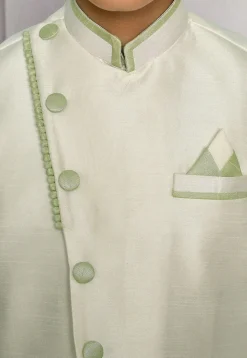 Contrast Trim Dupion Dhoti Kurta Jacket in Green and White