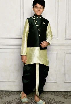 Contrast Trim Dupion Dhoti Kurta Jacket in Green
