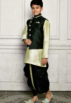 Contrast Trim Dupion Dhoti Kurta Jacket in Green