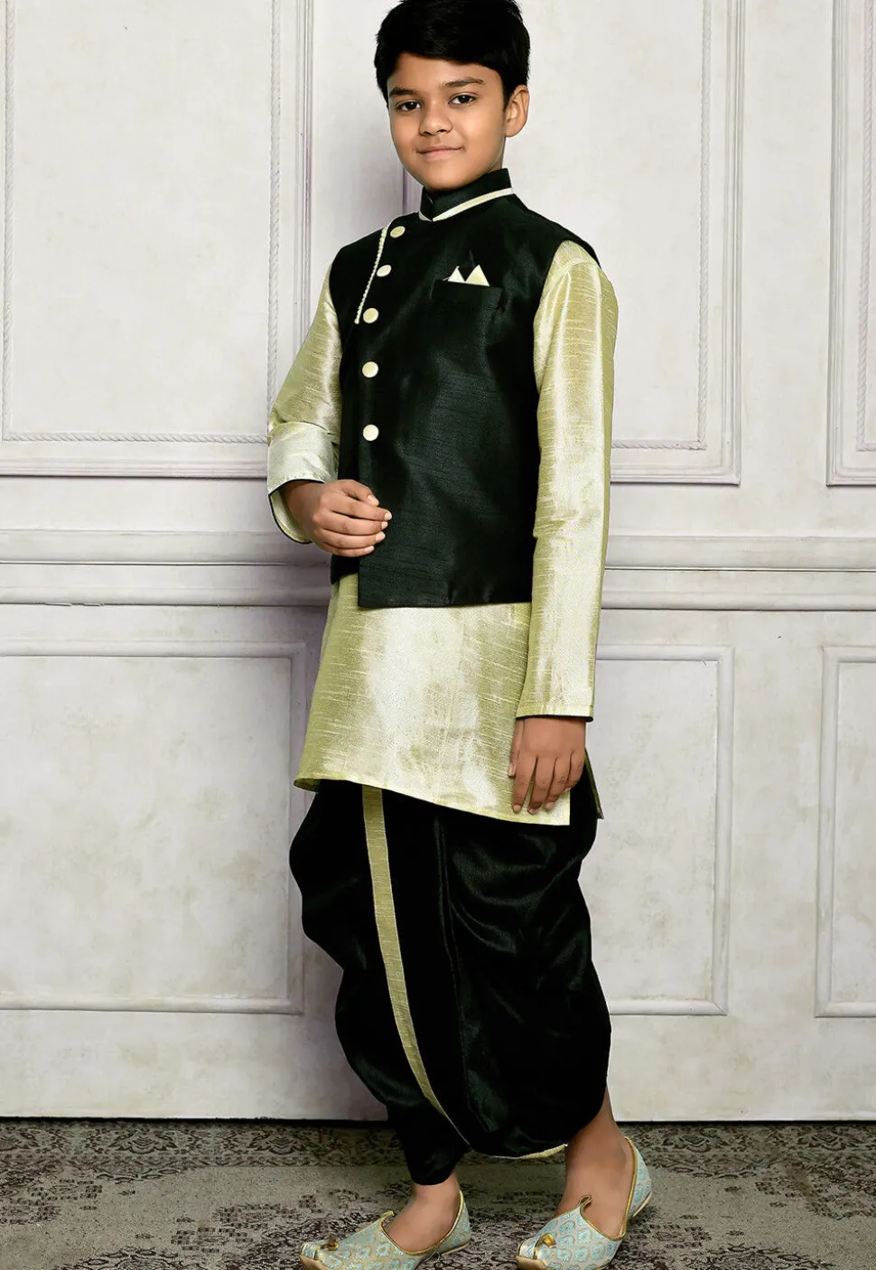 Contrast Trim Dupion Dhoti Kurta Jacket in Green