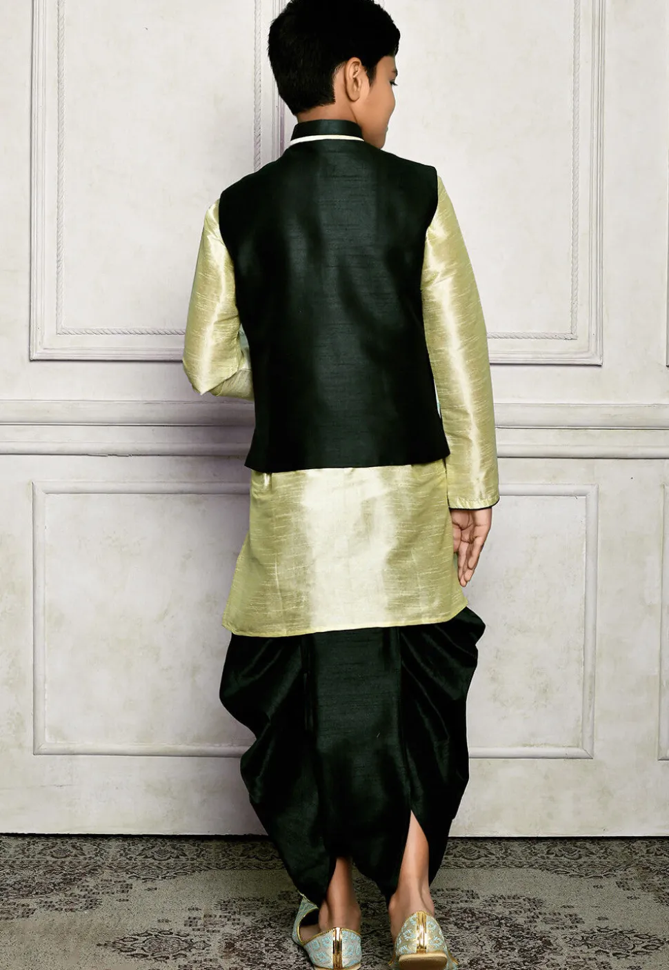 Contrast Trim Dupion Dhoti Kurta Jacket in Green