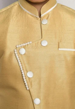 Contrast Trim Dupion Dhoti Kurta Jacket Set in White and Beige