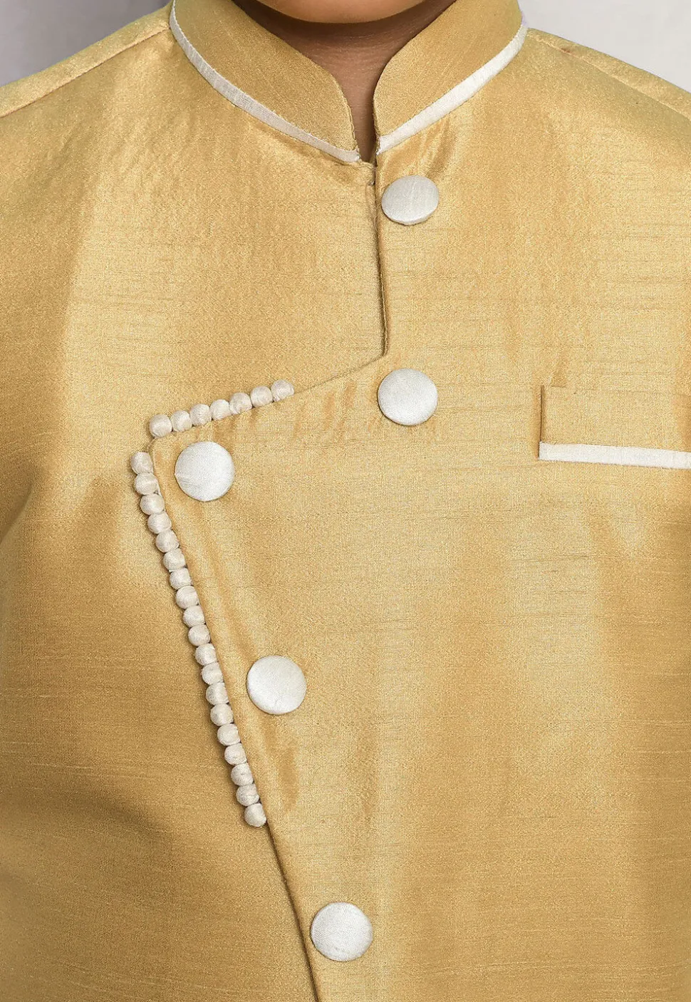 Contrast Trim Dupion Dhoti Kurta Jacket Set in White and Beige