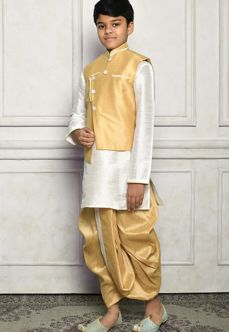 Contrast Trim Dupion Dhoti Kurta Jacket Set in White and Beige