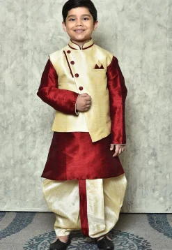 Contrast Trim Dupion Dhoti Kurta Jacket in Maroon and Beige