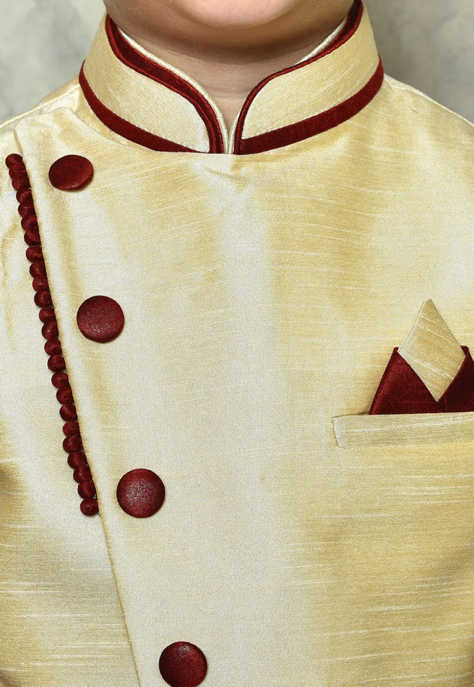 Contrast Trim Dupion Dhoti Kurta Jacket in Maroon and Beige