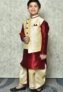 Contrast Trim Dupion Dhoti Kurta Jacket in Maroon and Beige