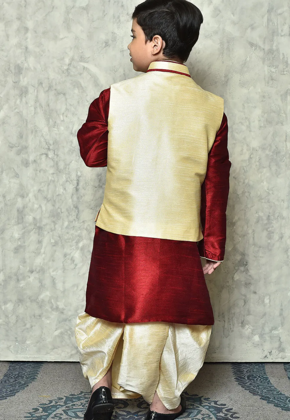 Contrast Trim Dupion Dhoti Kurta Jacket in Maroon and Beige