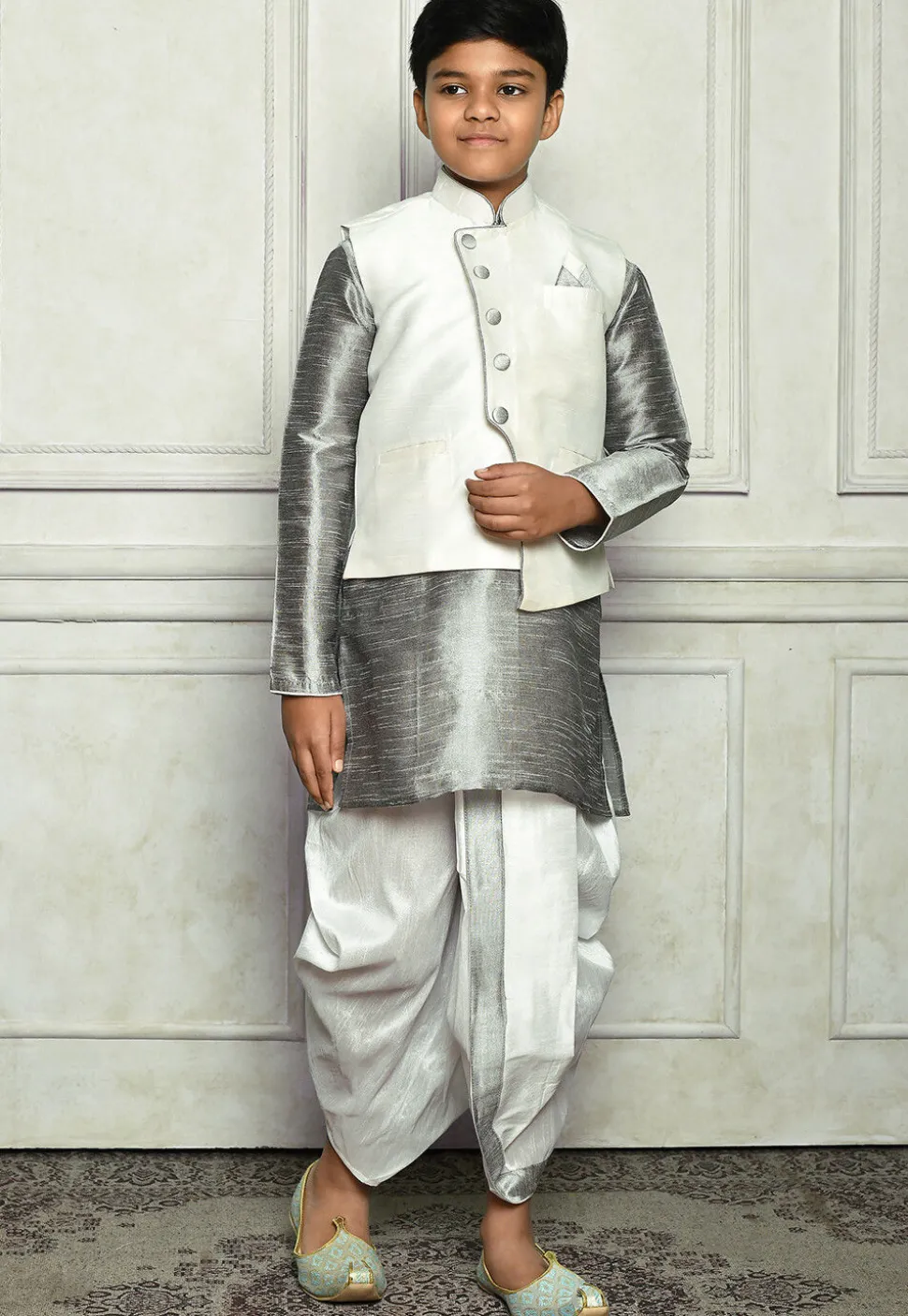 Contrast Trim Dupion Dhoti Kurta Jacket in Grey and Off White