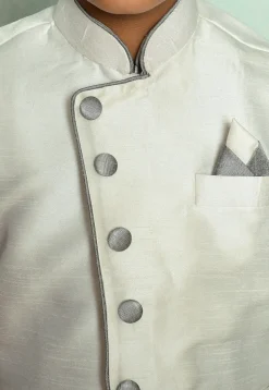 Contrast Trim Dupion Dhoti Kurta Jacket in Grey and Off White
