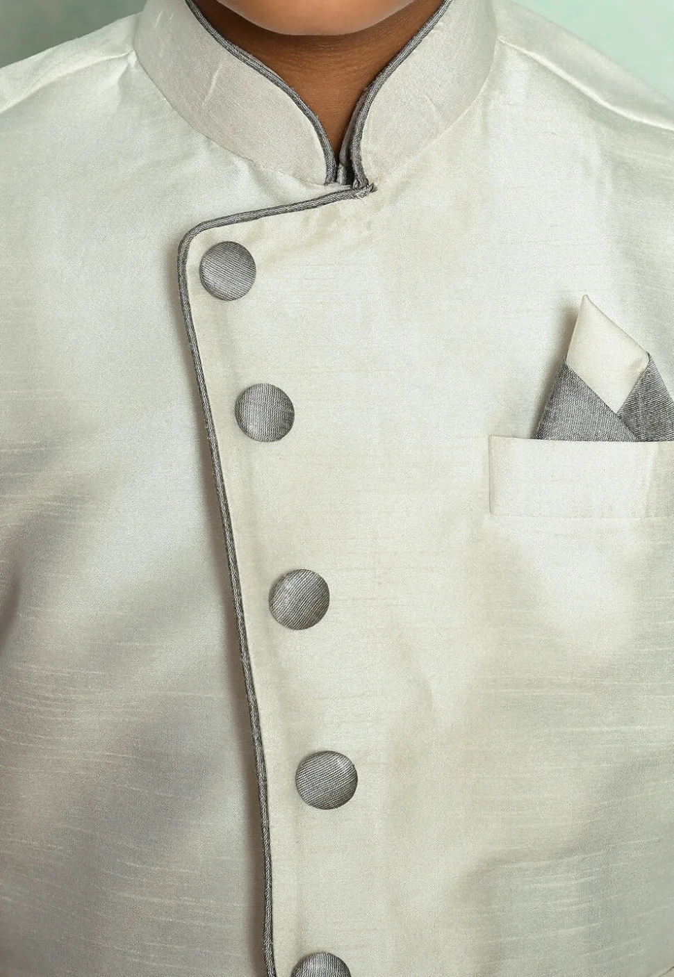 Contrast Trim Dupion Dhoti Kurta Jacket in Grey and Off White