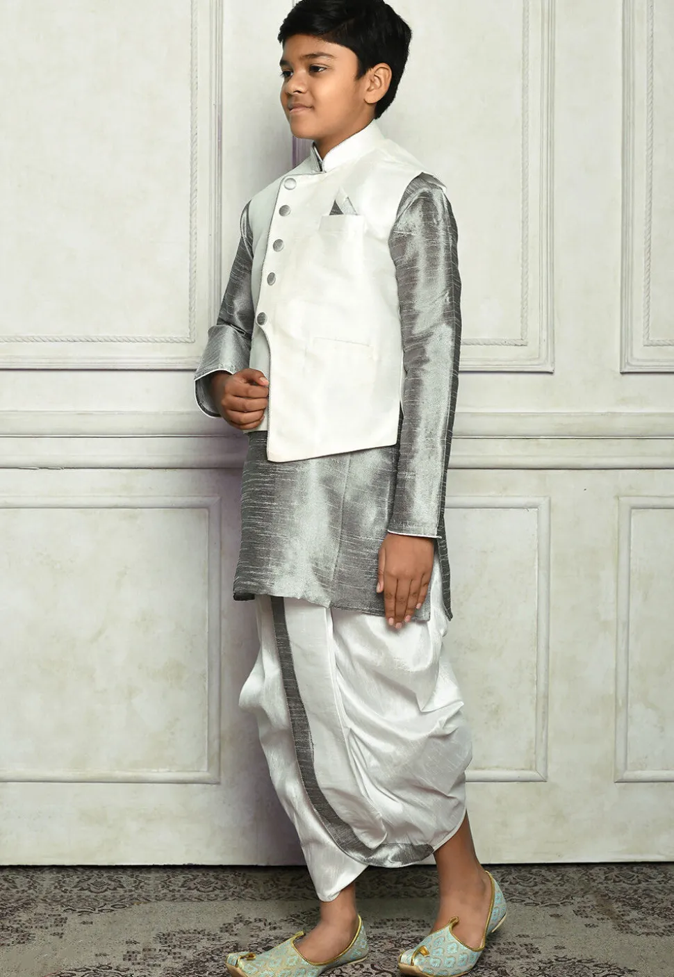 Contrast Trim Dupion Dhoti Kurta Jacket in Grey and Off White