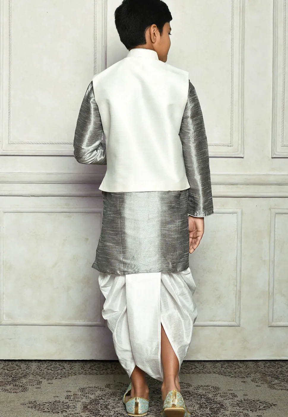 Contrast Trim Dupion Dhoti Kurta Jacket in Grey and Off White